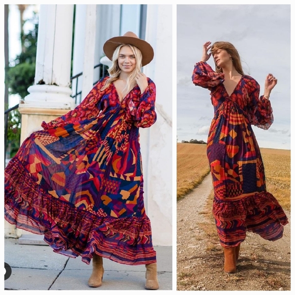 Farm Rio Blue Abstract Patches Maxidress - Picture 5 of 10